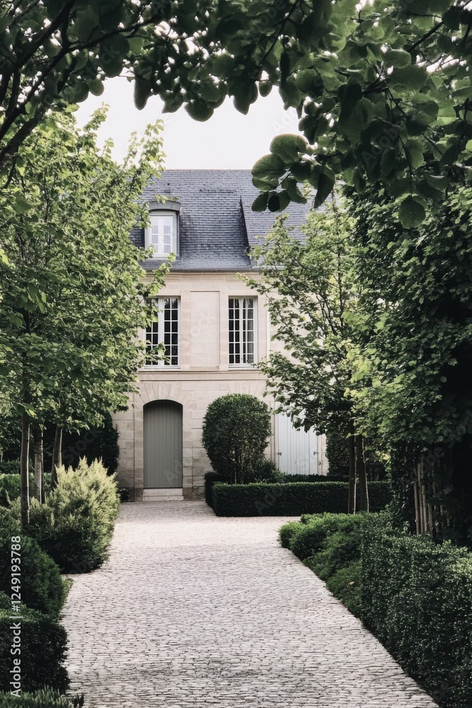 A delightful garden pathway winds its way towards a quaint, rustic house, enveloped by vibrant greenery in a peaceful countryside atmosphere A delightful garden pathway winds its way towards a quaint, rustic house, enveloped by vibrant greenery in a peaceful countryside atmosphere