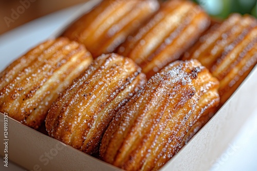 Freshly baked churros arranged in a box, showcasing their golden-brown texture photo