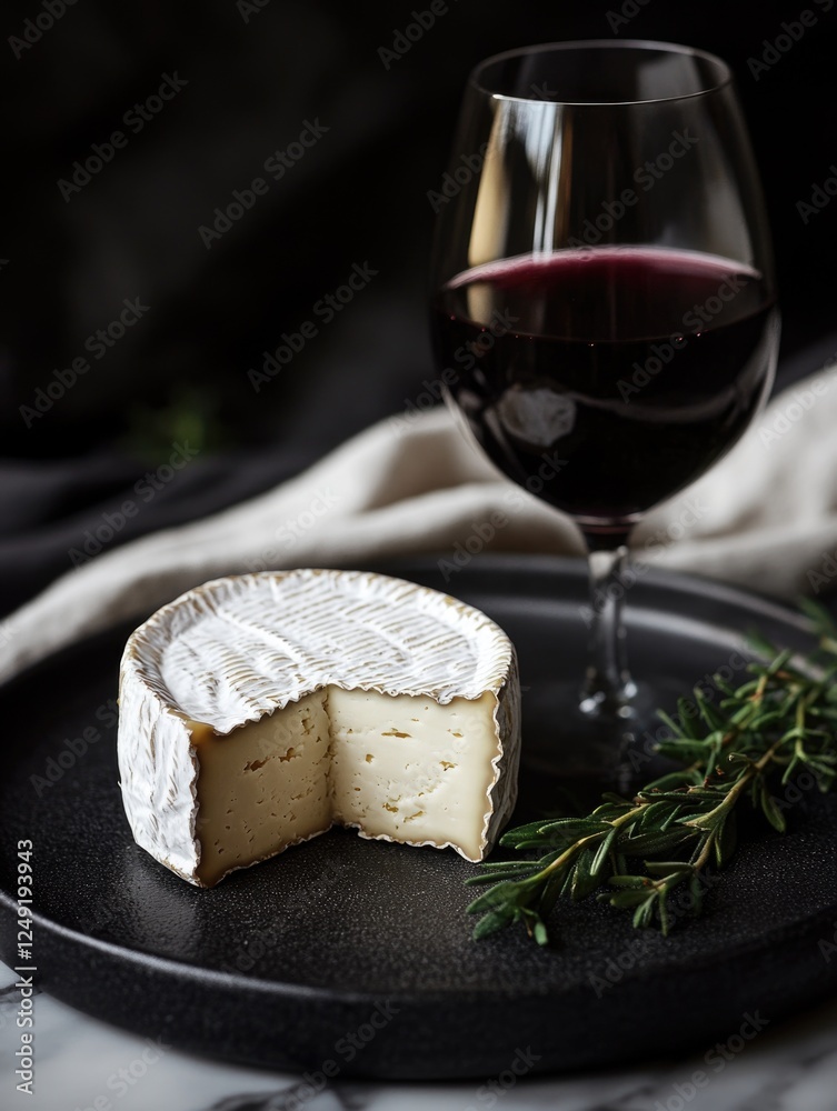Savory brie cheese served with a glass of red wine on a black plate, creating an elegant appetizer or meal option. Savory brie cheese served with a glass of red wine on a black plate, creating an elegant appetizer or meal option.