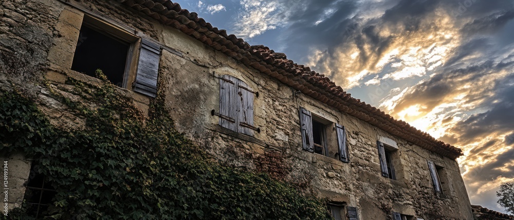 Abandoned stone house under a dramatic sunset sky Abandoned stone house under a dramatic sunset sky