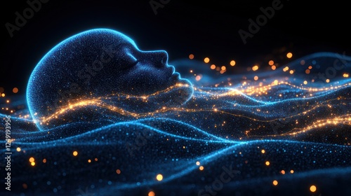 Serene digital head resting on glowing particles.
