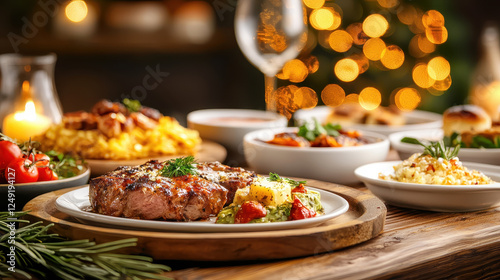 Wallpaper Mural rustic wooden table with assorted gourmet dishes and festive lights Torontodigital.ca