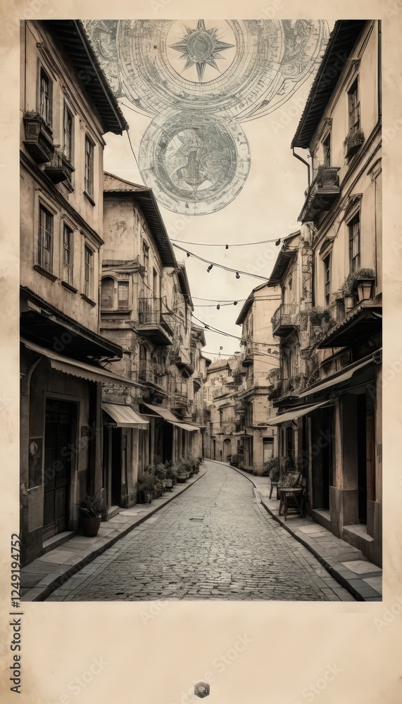 Naklejka premium Charming cobblestone street adorned with vintage lanterns in a quaint historical district at twilight