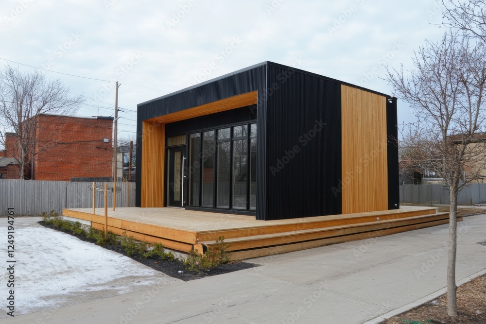 Fototapeta premium Modern architectural design of a sleek wooden structure in an urban setting during overcast weather showcases innovative building techniques and minimalist aesthetics