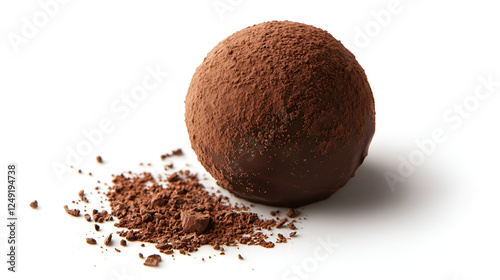 A delectable chocolate truffle, generously coated in cocoa powder, isolated on a pristine white background. Pure indulgence!