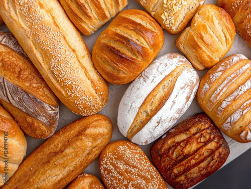 Assorted freshly baked bread loaves on display with various textures photo