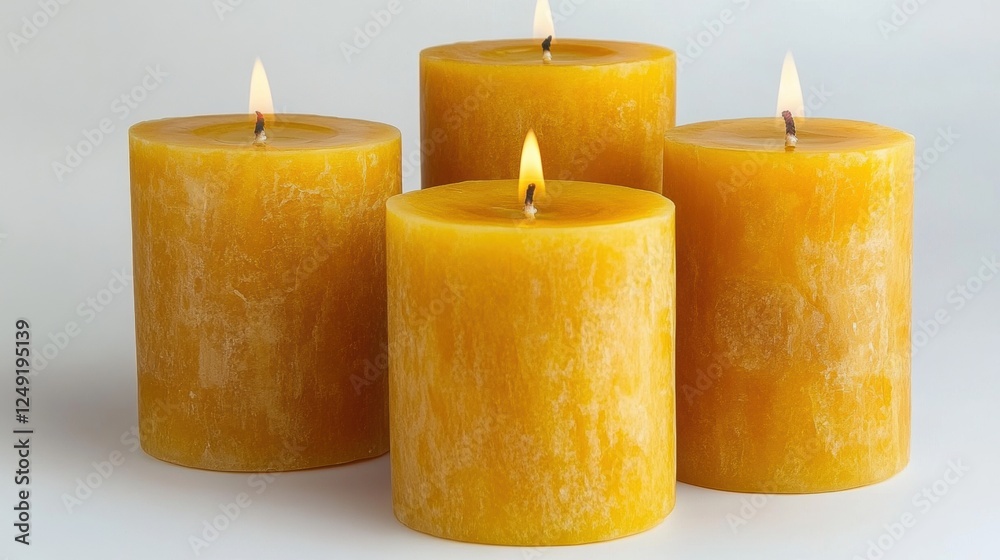 Four Yellow Beeswax Candles with Flames on a Simple Background Four Yellow Beeswax Candles with Flames on a Simple Background