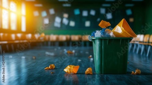 Overflowing Trash Bins in Classroom Environment with Messy Floor