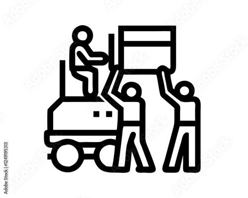 workers loading cargo onto a vehicle in a warehouse setting using line art style
