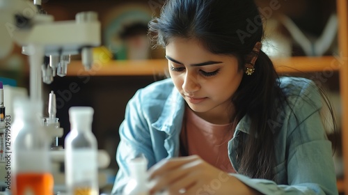 young Indian girl working in a lab, wearing casual clothing, relaxed atmosphere, candid moment, natural light, warm setting, realistic details, subtle shadows, photo, daylight.