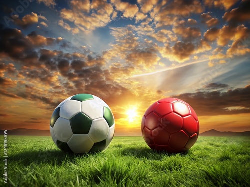 Switzerland vs Portugal Soccer Match Silhouette - Dramatic 3D Rendered Soccer Balls on Field