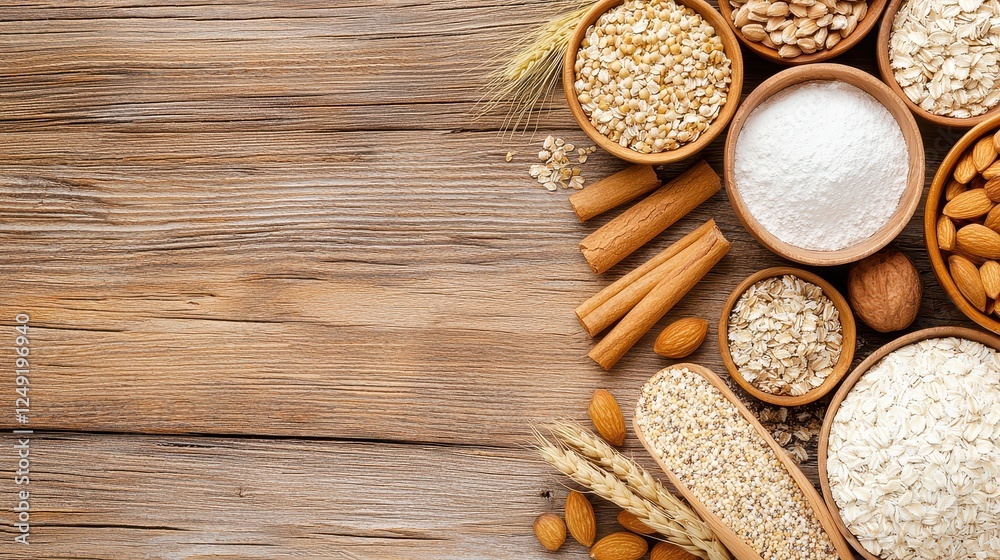 Food Tolerance Concept, Rustic Display of Allergen-Free Baking Ingredients on Wooden Surface for Natural Cooking Inspiration Food Tolerance Concept, Rustic Display of Allergen-Free Baking Ingredients on Wooden Surface for Natural Cooking Inspiration