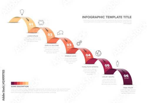 A colorful, ascending six step infographic template with placeholder text and icons. This infographic features distinct colors and icons for each step, highlighting progression.
