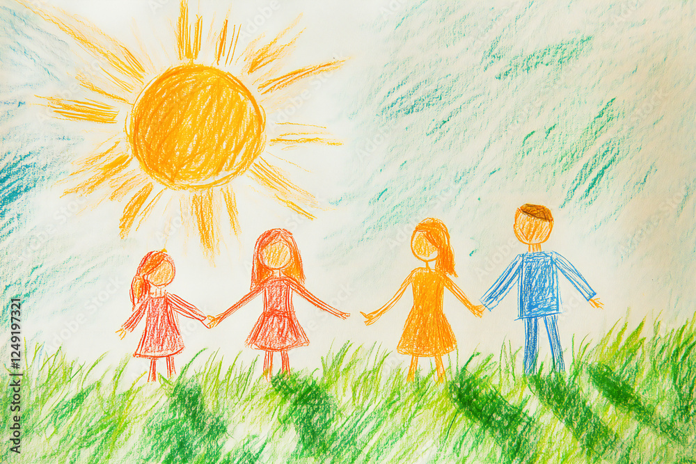 Fototapeta premium Hand drawn with colored pencils of a family and children holding hands in the grass, with the bright sun overhead.
