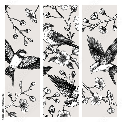 Hand-drawn spring bookmark design. Cherry blossom and flying bird sketch illustration. Japanese style template for printNOT AI generated