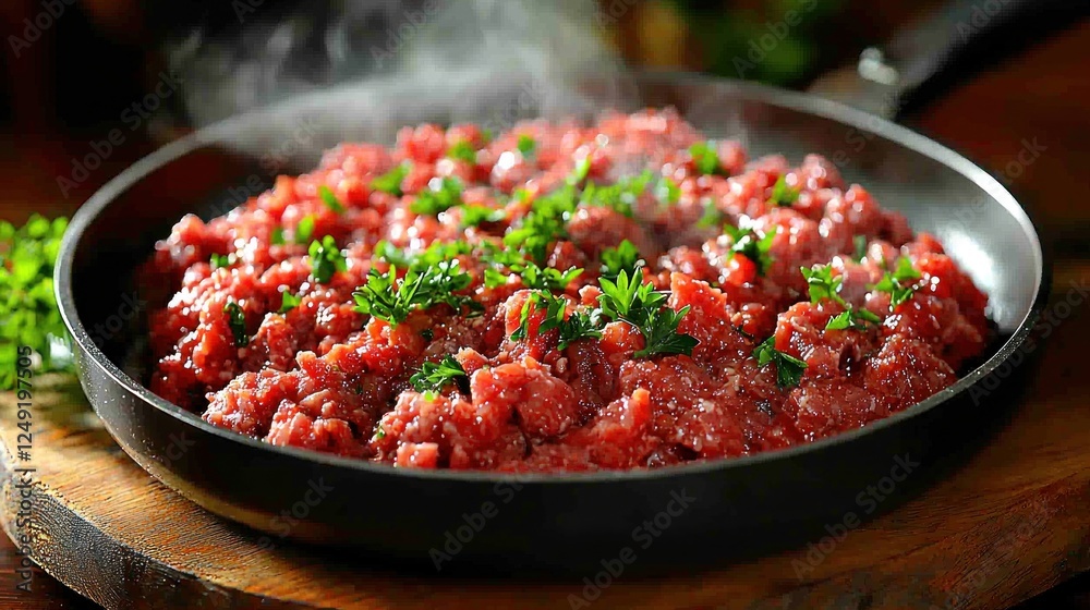 Freshly prepared minced meat in a skillet garnished with herbs, steaming Freshly prepared minced meat in a skillet garnished with herbs, steaming