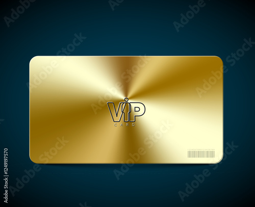 A luxurious gold VIP card featuring a sleek design with a luminous finish, barcode and place for yout content. The gold color and VIP label emphasize luxury and exclusivity twice.