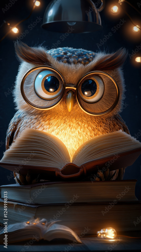 Owl wearing glasses, reading a book, humorous and cozy concept Owl wearing glasses, reading a book, humorous and cozy concept