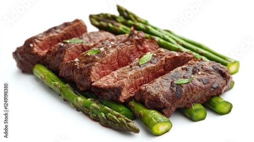 A grilled and seasoned filet mignon with roasted asparagus, a hearty and flavorful dinner choice.
