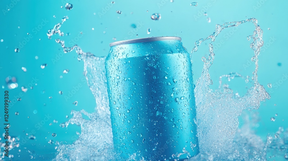 A dynamic scene: soft drink can with explosive fizz and splashes captured on a vibrant cyan background. A dynamic scene: soft drink can with explosive fizz and splashes captured on a vibrant cyan background.