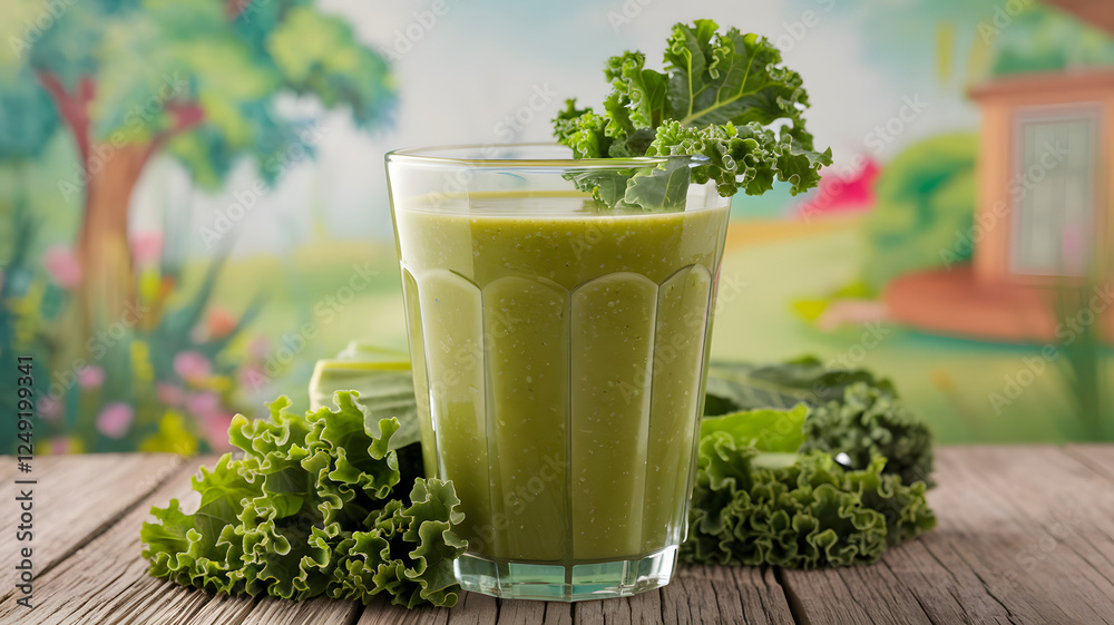 A close-up shot of a fresh green kale smoothie in a glass with a bunch of curly kale on a table, set against a soft, vibrant nature background with blurred greenery. A close-up shot of a fresh green kale smoothie in a glass with a bunch of curly kale on a table, set against a soft, vibrant nature background with blurred greenery.