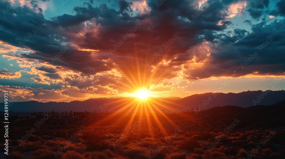 Obraz premium Colorful sunset in desert landscape with mountains, silhouetted against a cloudy sky. Perfect for vacations or nature photography.