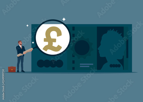 Businessman investor holding a magnifying glass analyzing pound sterling banknotes. Extensive financial or economic growth. Profit from the stock market or investment. Vector illustration.