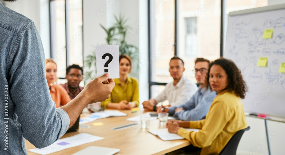 Coaching session in modern office where coach poses a thought-provoking question to engaged employees Coaching session in modern office where coach poses a thought-provoking question to engaged employees