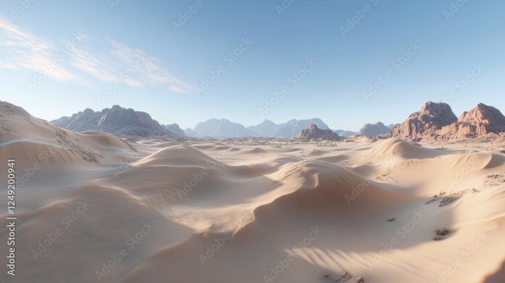 Naklejka premium Vast Desert Landscape Under Clear Blue Sky with Rolling Sand Dunes