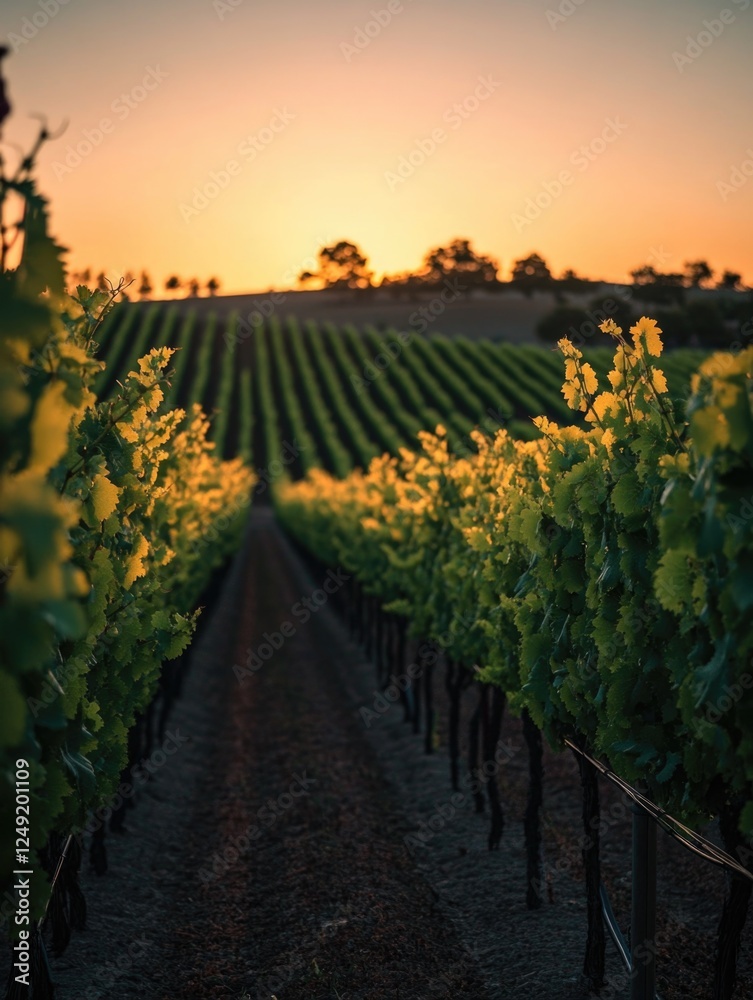 Fototapeta premium Grape vines at sunrise or sunset with golden light filtering through. Agricultural scene of winegrowing.