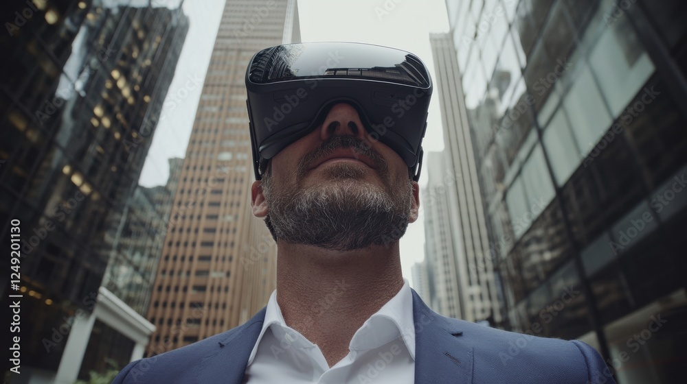 Businessman in Virtual Reality Headset in Urban Setting Businessman in Virtual Reality Headset in Urban Setting