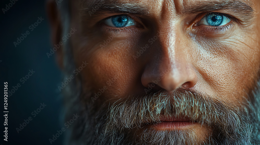 close up portrait of man with striking blue eyes and full beard, showcasing detailed facial features and textures. image conveys sense of intensity and depth close up portrait of man with striking blue eyes and full beard, showcasing detailed facial features and textures. image conveys sense of intensity and depth