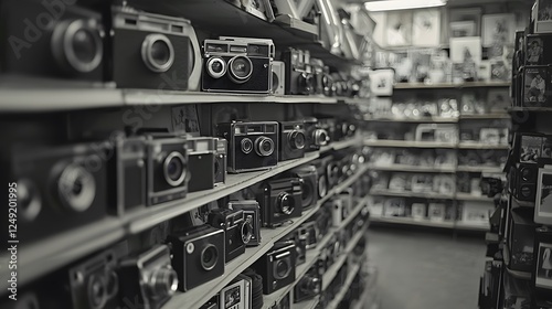 A vintage camera shop with shelves of old cameras, film rolls, and black-and-white photo samples