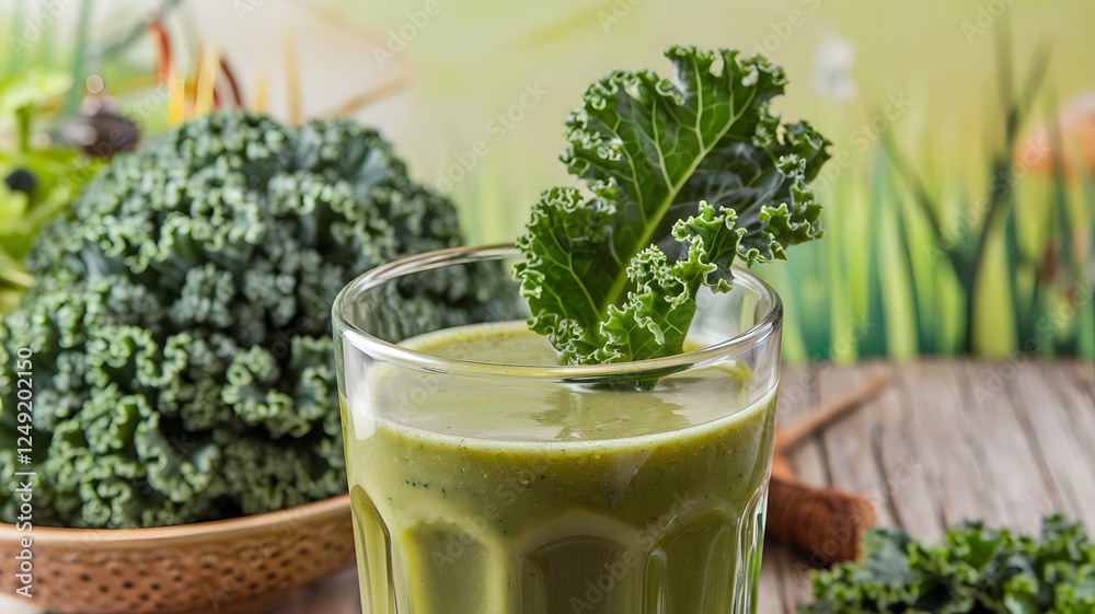 A close-up shot of a fresh green kale smoothie in a glass with a bunch of curly kale on a table, set against a soft, vibrant nature background with blurred greenery. A close-up shot of a fresh green kale smoothie in a glass with a bunch of curly kale on a table, set against a soft, vibrant nature background with blurred greenery.