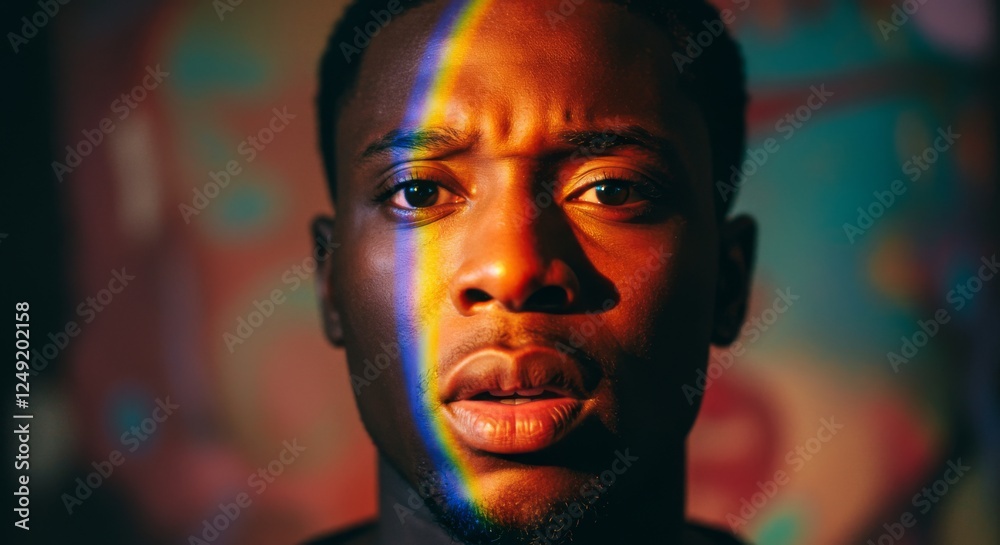 Man's face covered obstructed and surrounded by Colorful Rainbow, expressive pride lgbtq love concept Man's face covered obstructed and surrounded by Colorful Rainbow, expressive pride lgbtq love concept