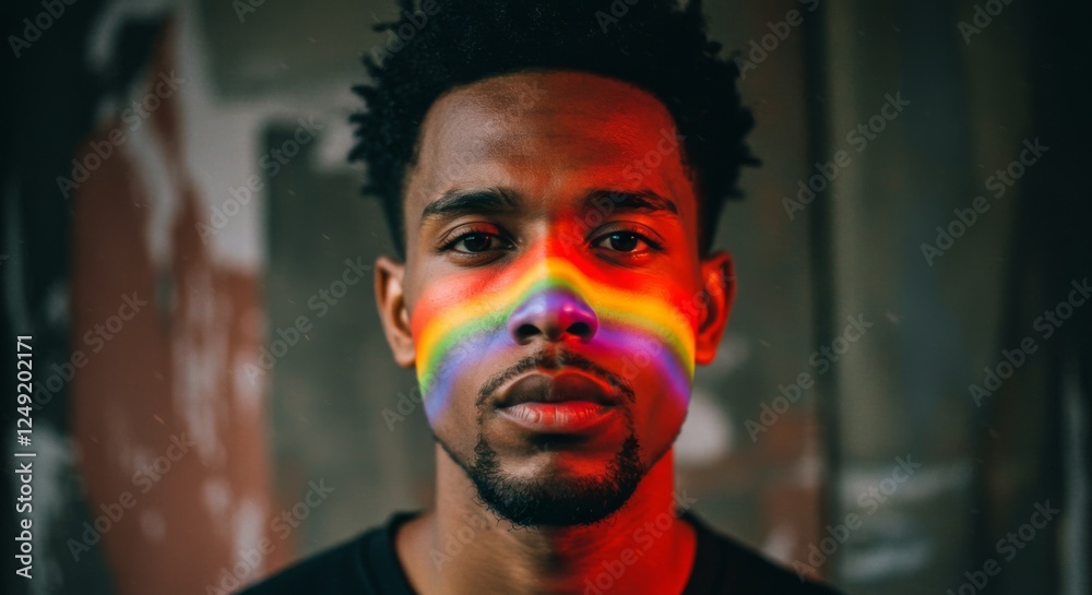 Man's face covered obstructed and surrounded by Colorful Rainbow, expressive pride lgbtq love concept Man's face covered obstructed and surrounded by Colorful Rainbow, expressive pride lgbtq love concept