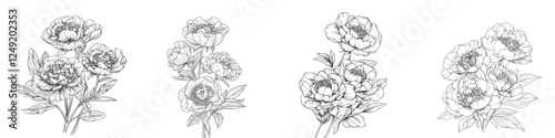 Peony flower and leaves drawing, a modern hand-drawn engraved floral card featuring a botanical rose, branch, and berry in black ink sketch. Perfect for tattoos, invitations, greeting cards, and