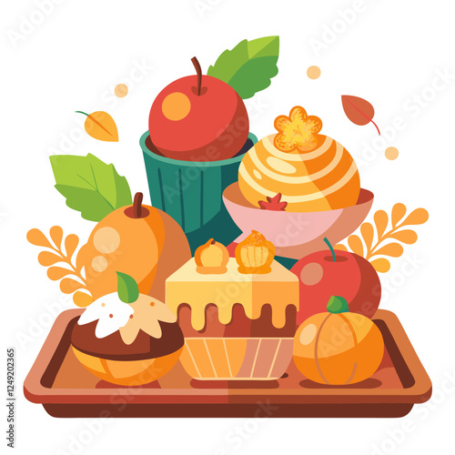 A vibrant display of fresh homemade desserts features apple and pumpkin cupcakes, alongside seasonal fruits. This delightful assortment invites sweetness and warmth to any gathering