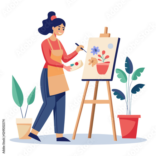 The female artist is focused on painting vibrant flowers on a canvas while standing at an easel. She holds a palette and is surrounded by potted plants, creating an inspiring atmosphere