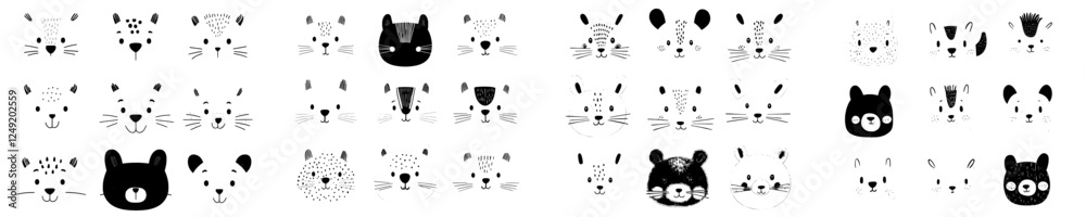 Obraz premium Cute animal hand-drawn faces set on a white background. Cartoon representations of a lion, giraffe, deer, koala, bear, cat, bunny, fox, raccoon, tiger, dog, and panda. Incorporating a Scandinavian