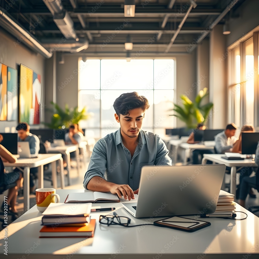 Un joven hispano, sentado en medio de una oficina con varios escritorios, trabajando en su laptop, está escribiendo un teclado. Un joven hispano, sentado en medio de una oficina con varios escritorios, trabajando en su laptop, está escribiendo un teclado.