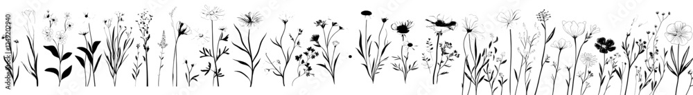 A modern collection of wildflowers, featuring herbs and herbaceous flowering plants in bloom, with subshrubs, isolated against a white background. Hand-drawn, detailed botanical illustration A modern collection of wildflowers, featuring herbs and herbaceous flowering plants in bloom, with subshrubs, isolated against a white background. Hand-drawn, detailed botanical illustration