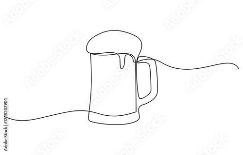 Continuous one line drawing of beer glass with foam craft barley alcohol drink in simple linear style, Continuous one line drawing of beer in a glass, outline style vector illustration.