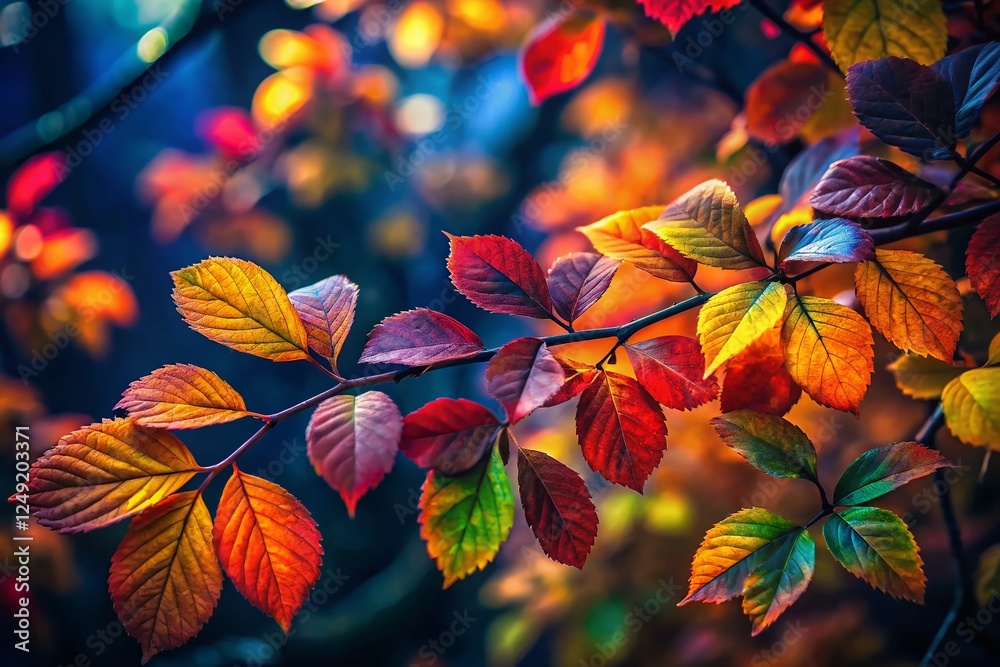 Vibrant Autumn Leaves Hanging on Branch - Low Light Photography Stock Photo Vibrant Autumn Leaves Hanging on Branch - Low Light Photography Stock Photo
