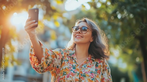 middle-aged Latina woman taking a selfie outdoors, wearing casual clothing, relaxed atmosphere, candid moment, natural light, warm setting, realistic details, subtle shadows, photo, daylight.