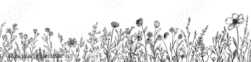 Seamless botanical border with trendy meadow greenery and flowers. Elegant hand-drawn thin line art style pattern ideal for wedding invitations, wall art, and card templates. Modern illustration