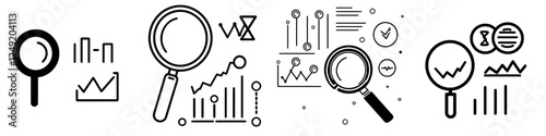 Line art illustration of a data analysis icon featuring a magnifying glass and a chart in black and white