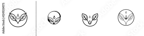 A minimalist icon featuring a water droplet and leaves to represent purity and environmental conservation