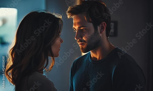 Couple facing each other, intimate moment, dimly lit home interior, framed photo background