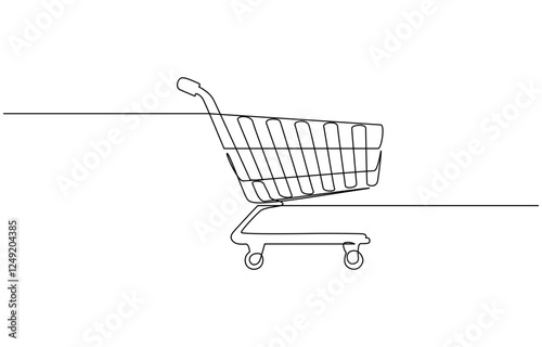 One Continuous Line Drawing of Shopping Icon. Single Line Vector, Shopping cart continuous one art line drawing. Online shopping in store. Trolley shopping cart business concept.